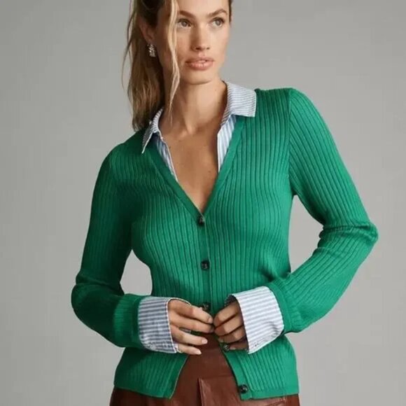 Anthropologie Sweaters - Anthropologie Maeve Women's Green Layered Ribbed Cardigan Sweater Size M